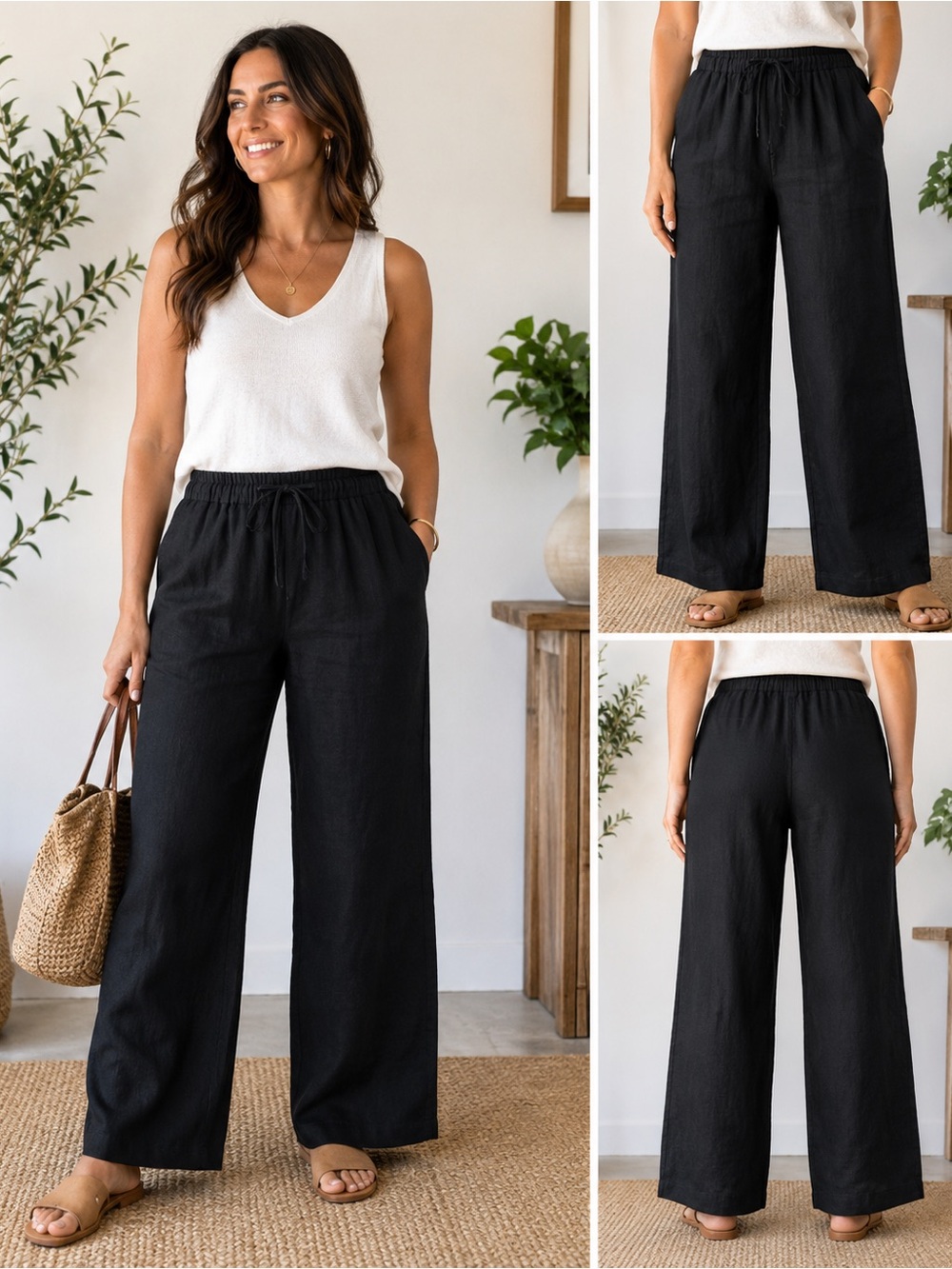 Kate‎ Hill Black Wide-Leg Drawstring Linen-Blend Pants